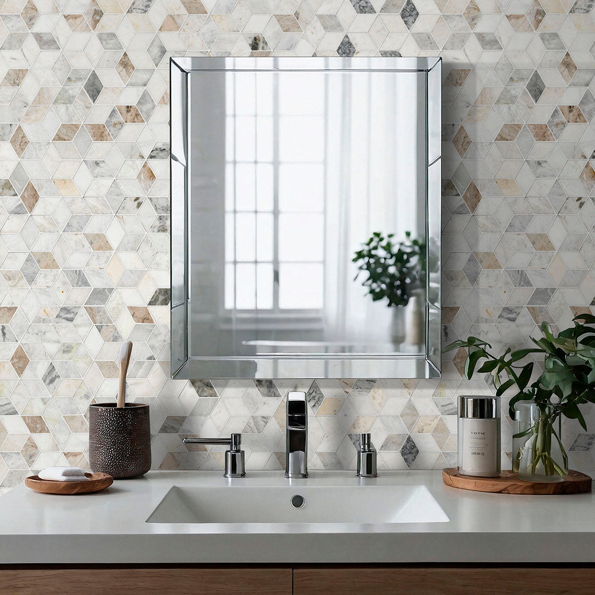 MSI Arabescato Venato Cube Marble Tile — surface detail in natural tonality