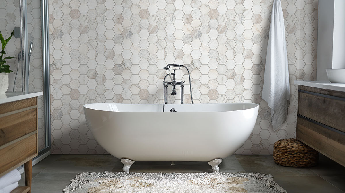 MSI Arabescato Venato White 5" Hexagon Honed Tile — surface detail in white tonality