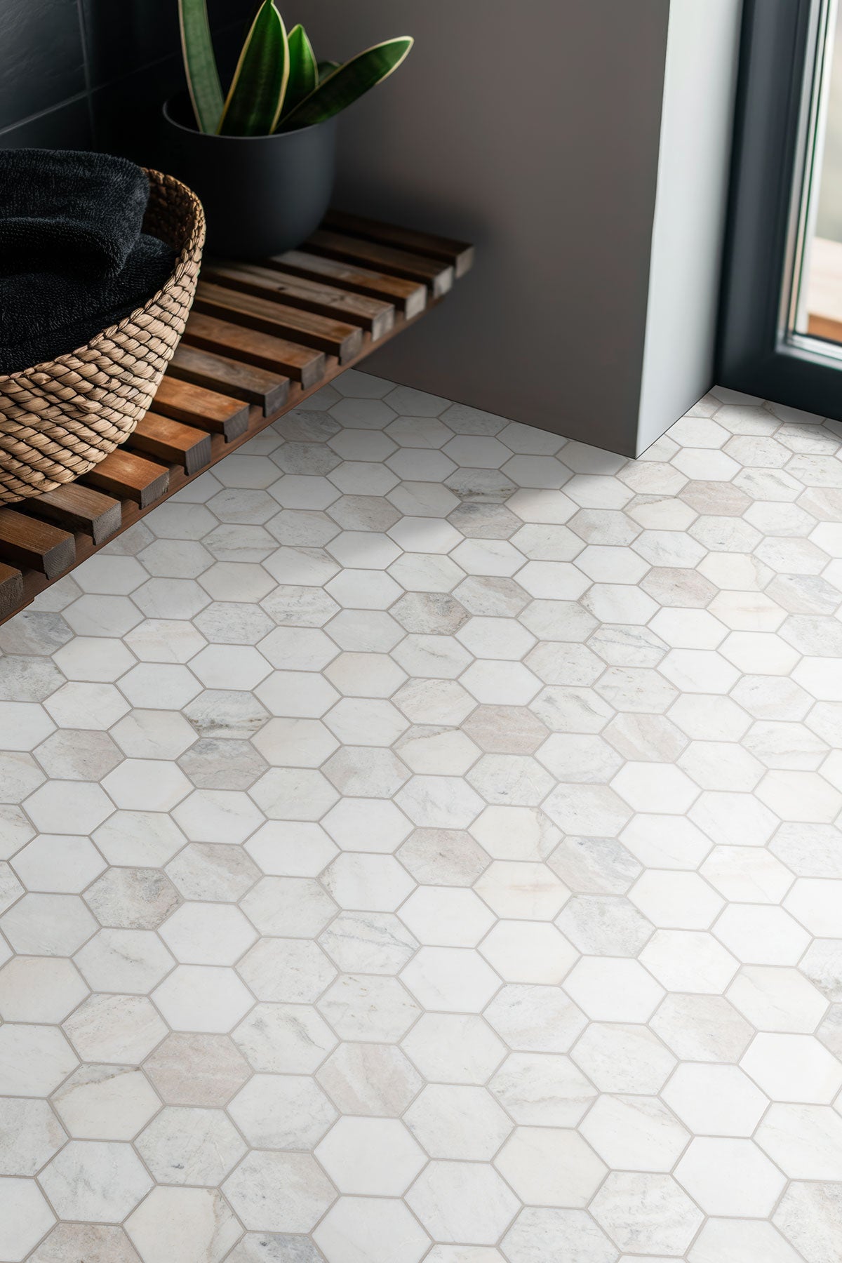 MSI Arabescato Venato White 5" Hexagon Honed Tile — surface detail in white tonality