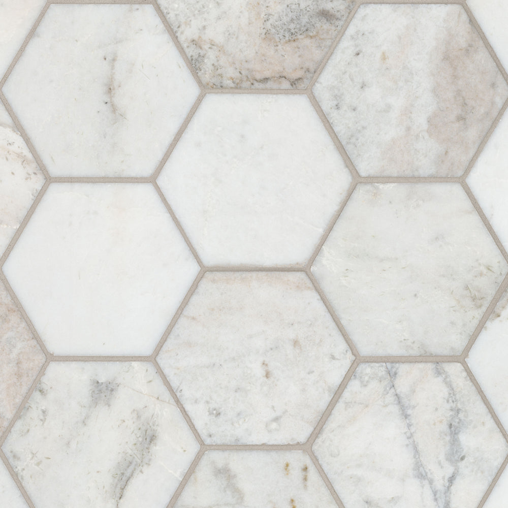 MSI Arabescato Venato White 5" Hexagon Honed Tile — Natural Stone Mosaic in white tonality
