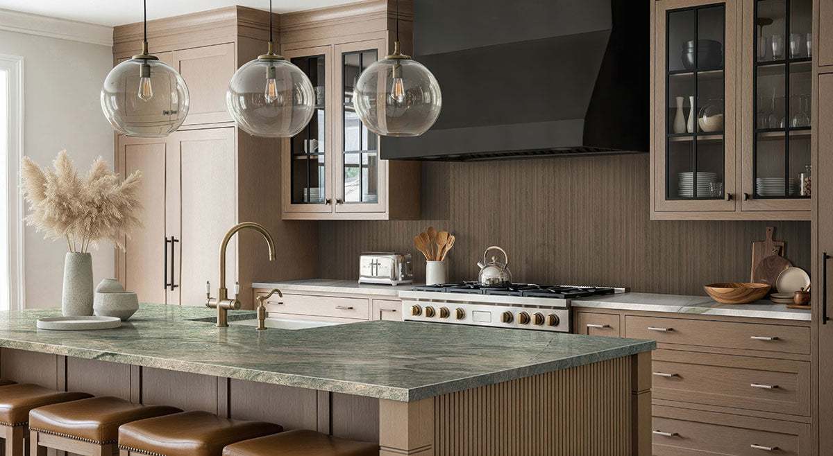 MSI Audacia — surface detail in natural tonality metamorphic crystalline slab for kitchen install