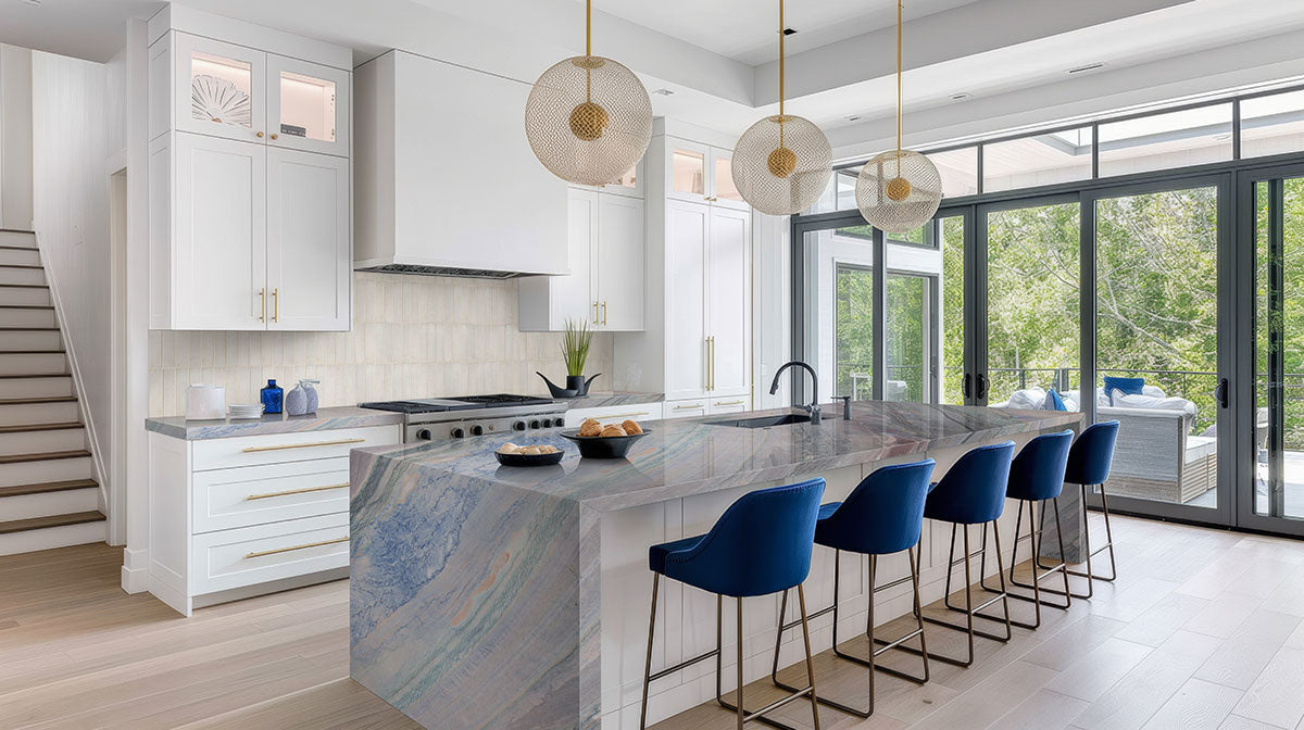 MSI Azul Macaubas — surface detail in natural tonality metamorphic crystalline slab for kitchen install