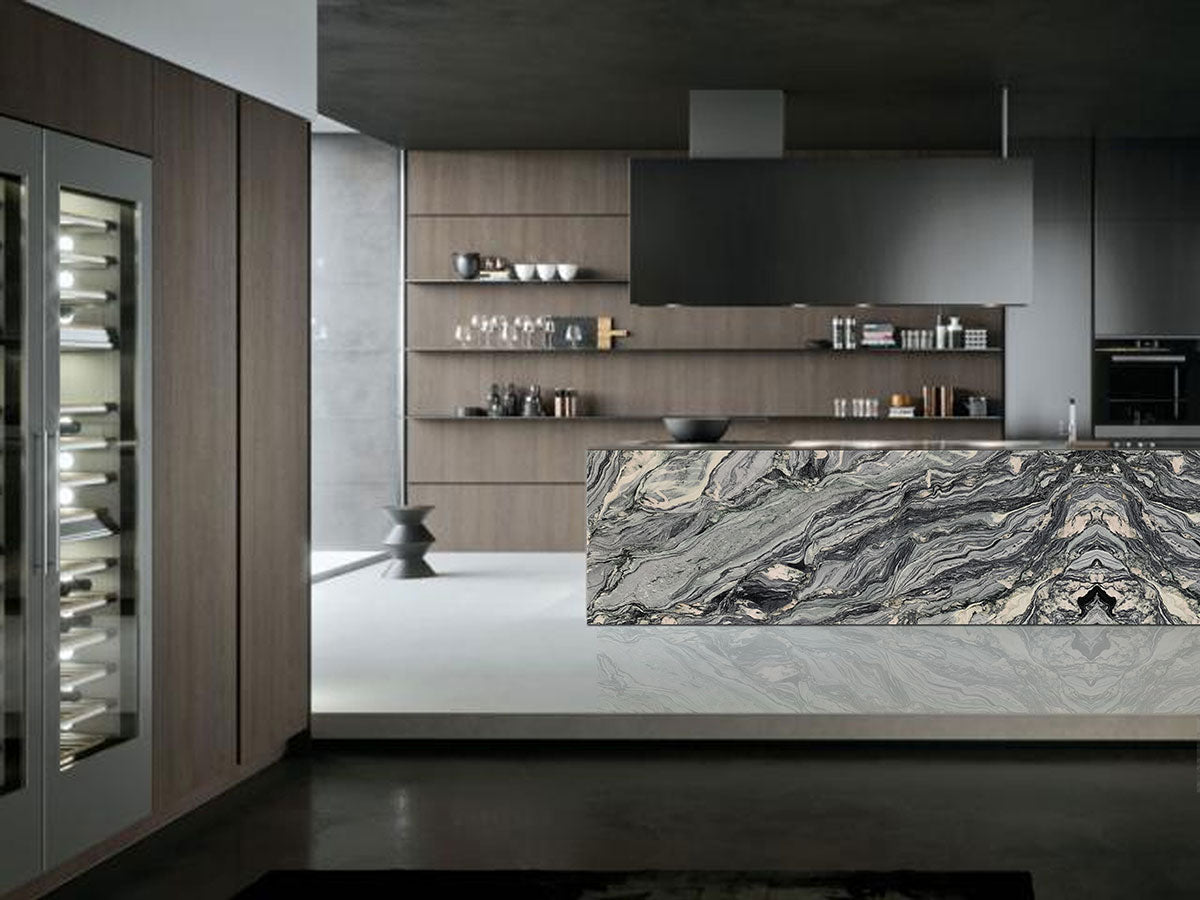 MSI Azul Treasure — surface detail in natural tonality metamorphic crystalline slab for kitchen install