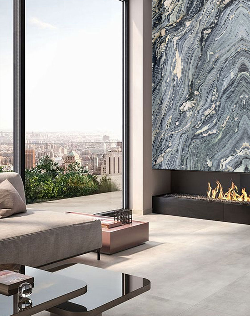 MSI Azul Treasure — surface detail in natural tonality metamorphic crystalline slab for kitchen install