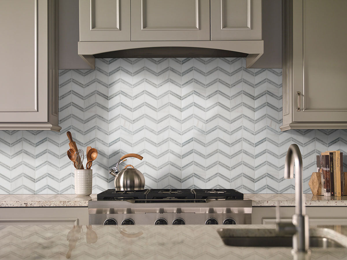 MSI Bianco Dolomite Marble Chevron Pattern — surface detail in natural tonality