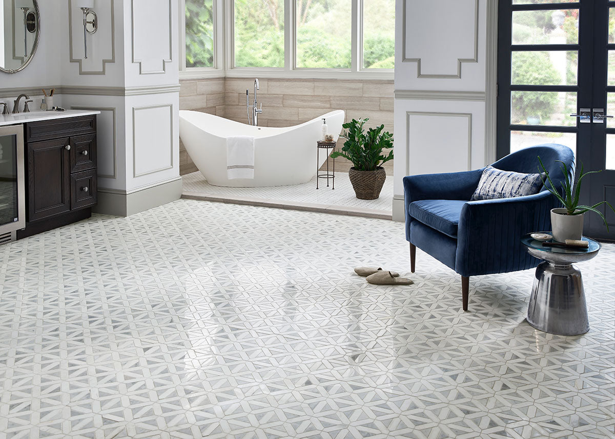 MSI Bianco Dolomite Dotty Pattern Mosaic — surface detail in natural tonality