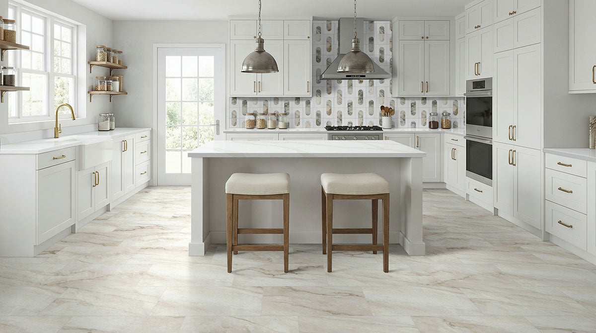 MSI Coronado Bianco Dolomite Moderno Polished Mosaic — surface detail in natural tonality