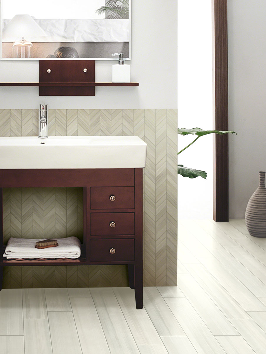 MSI Watercolor Bianco — surface detail in natural tonality through-bodied porcelain for full-room install