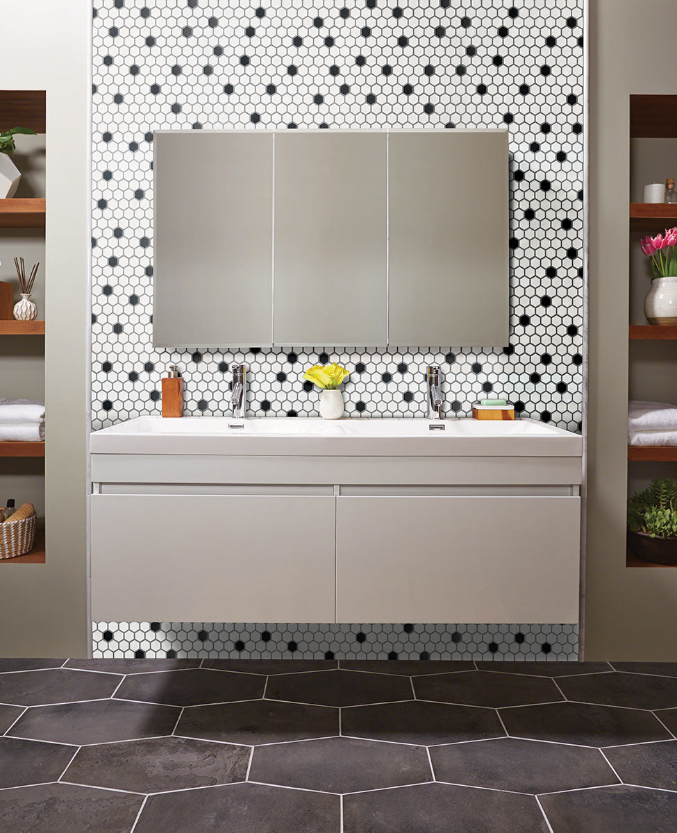 MSI Domino Black and White 1" Hexagon Mosaic Tile — surface detail in white tonality