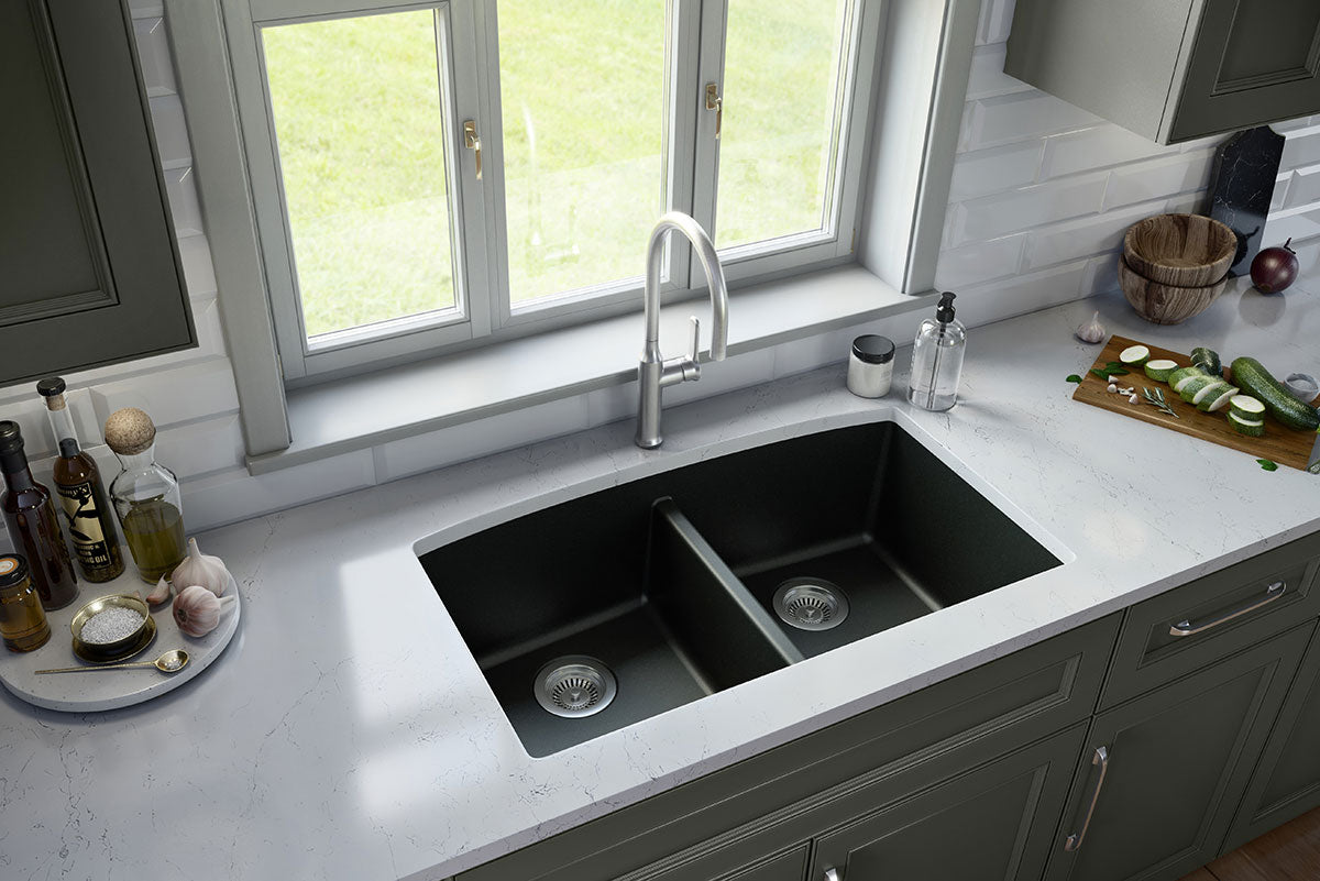 MSI Black Quartz Double Bowl 50/50-3219 Sinks — surface detail in black tonality