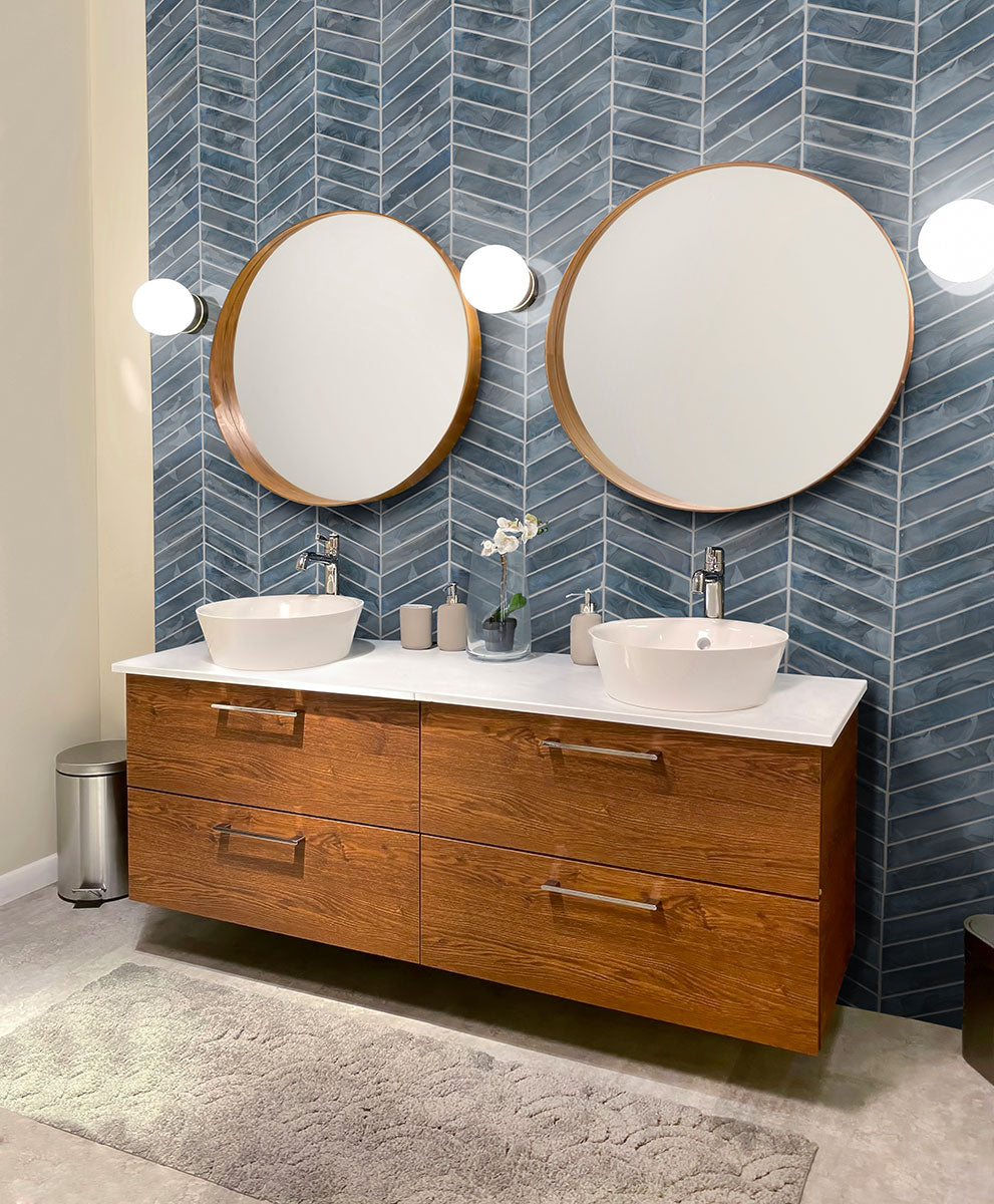 MSI Blue Shimmer Chevron Pattern Tile — surface detail in blue tonality