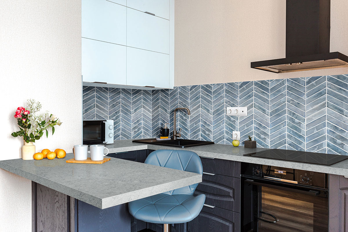 MSI Blue Shimmer Chevron Pattern Tile — surface detail in blue tonality