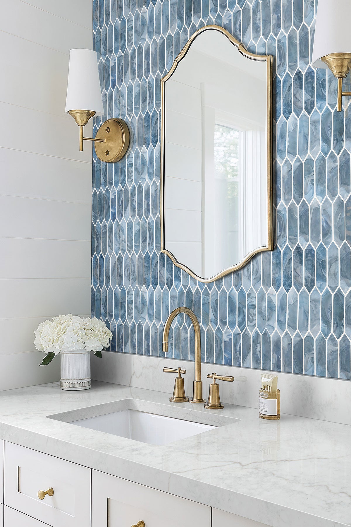 MSI Blue Shimmer Picket Glass Tile — surface detail in blue tonality