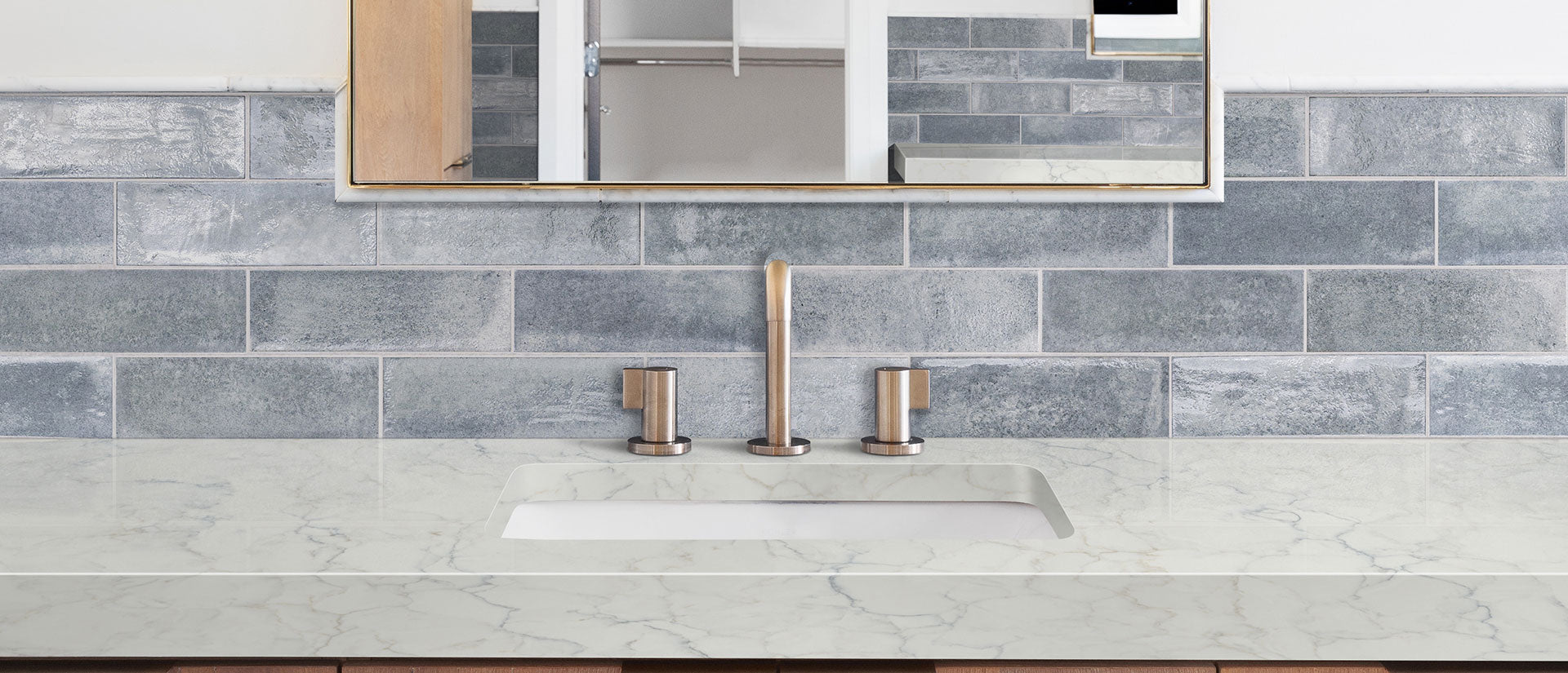 MSI Calacatta Azulean - Quartz Slab shown installed in a finished room