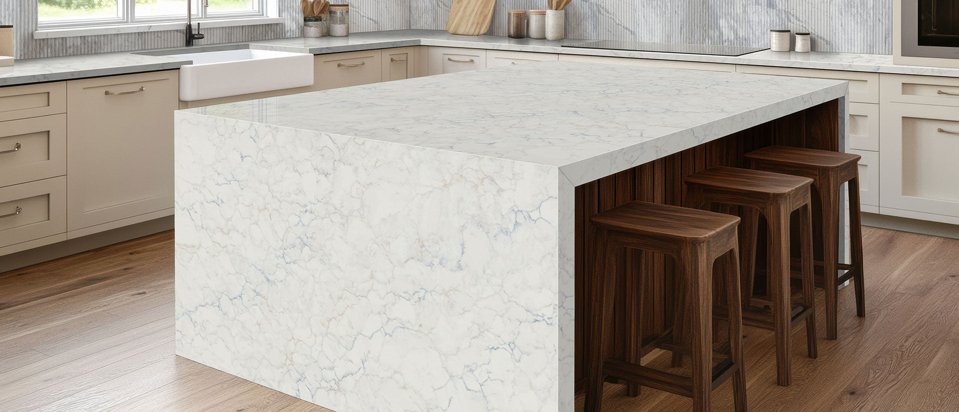 MSI Calacatta Azulean, surface detail in natural tonality engineered slab for kitchen and feature install, fifth view