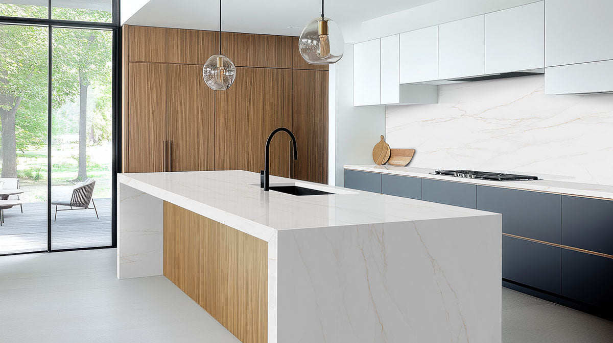 MSI Calacatta Corrinna — surface detail in natural tonality large-format glazed slab for vertical statement
