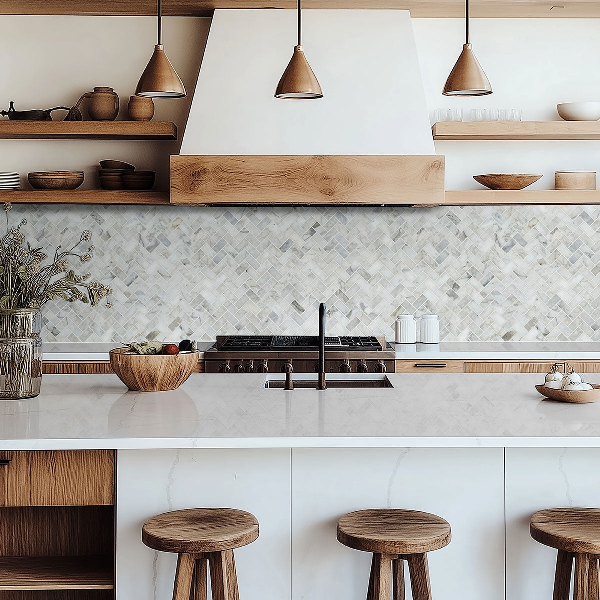 MSI Calacatta Cressa Honed Herringbone Tile — surface detail in natural tonality