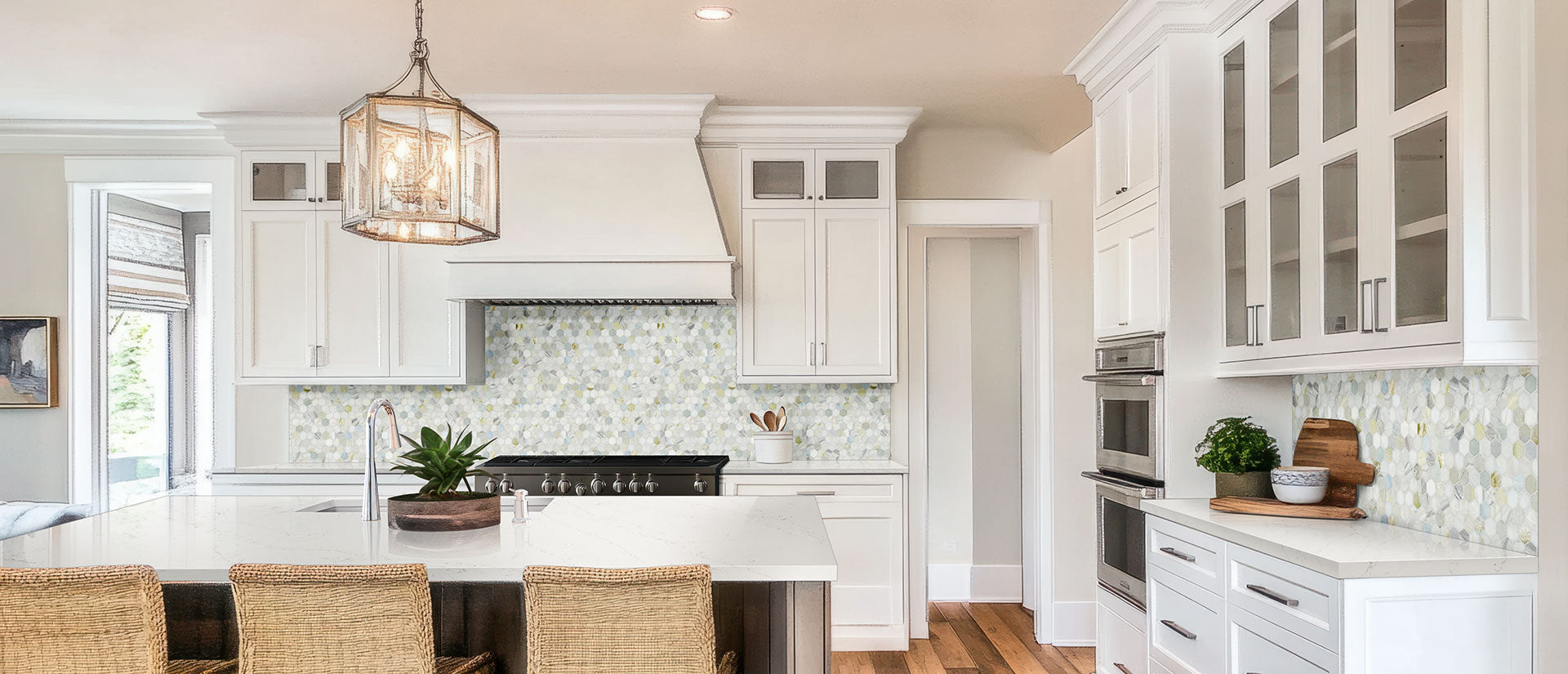 MSI Calacatta Delios quartz countertop room scene, in a kitchen