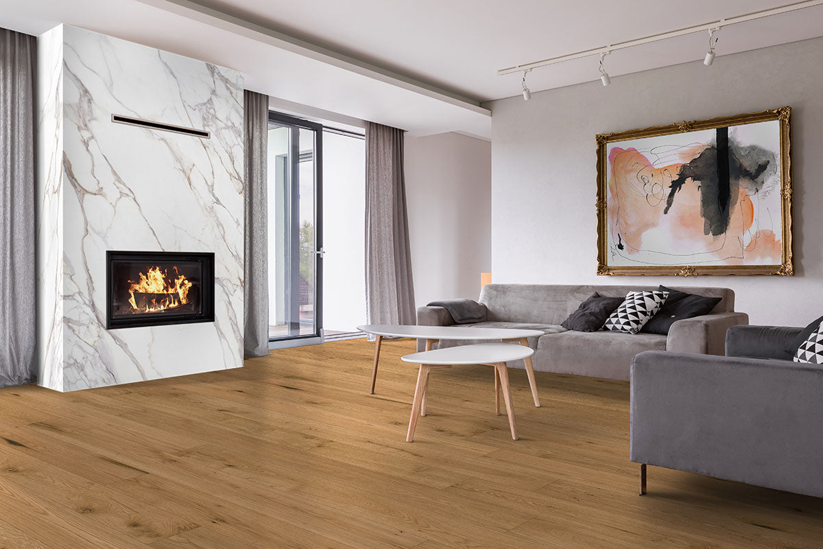 MSI Calacatta Fiorella — surface detail in natural tonality large-format glazed slab for vertical statement