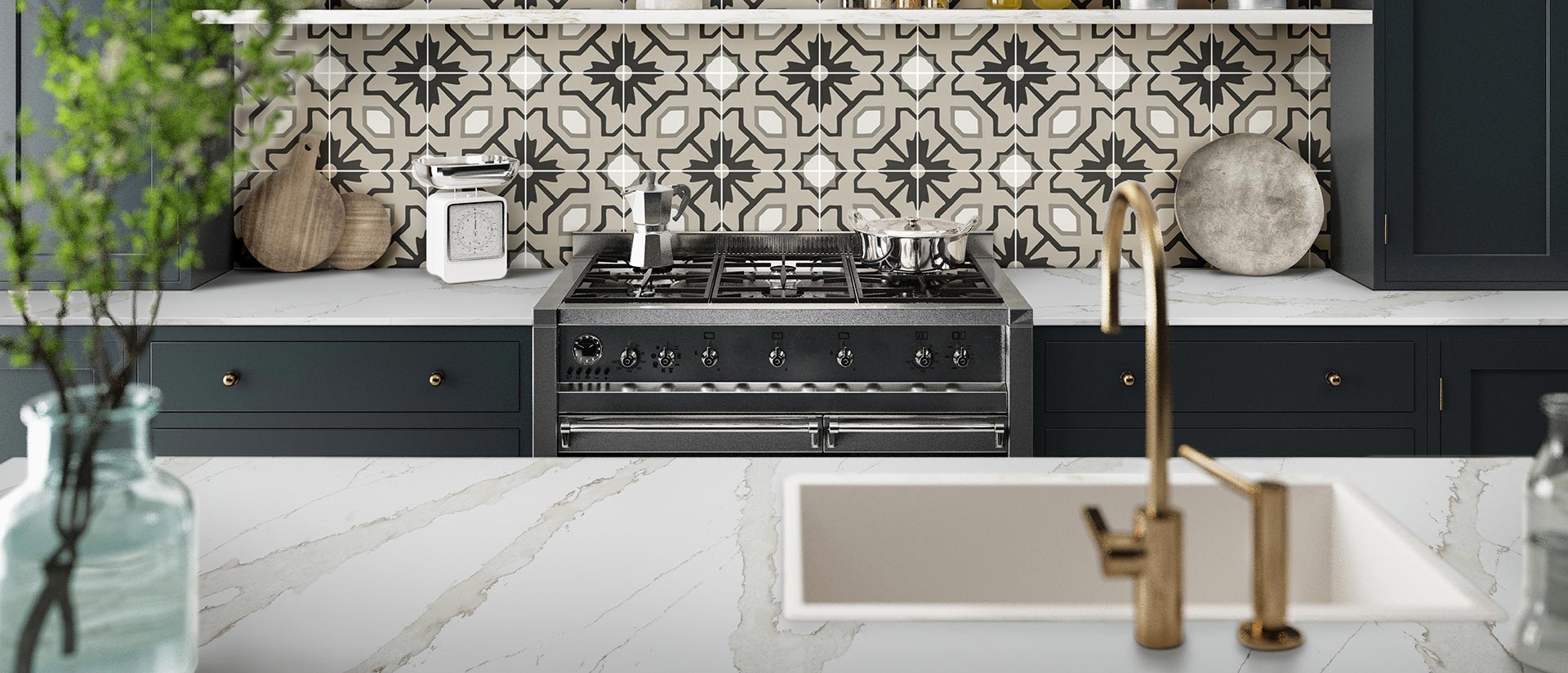 MSI Calacatta Goa quartz countertop room scene