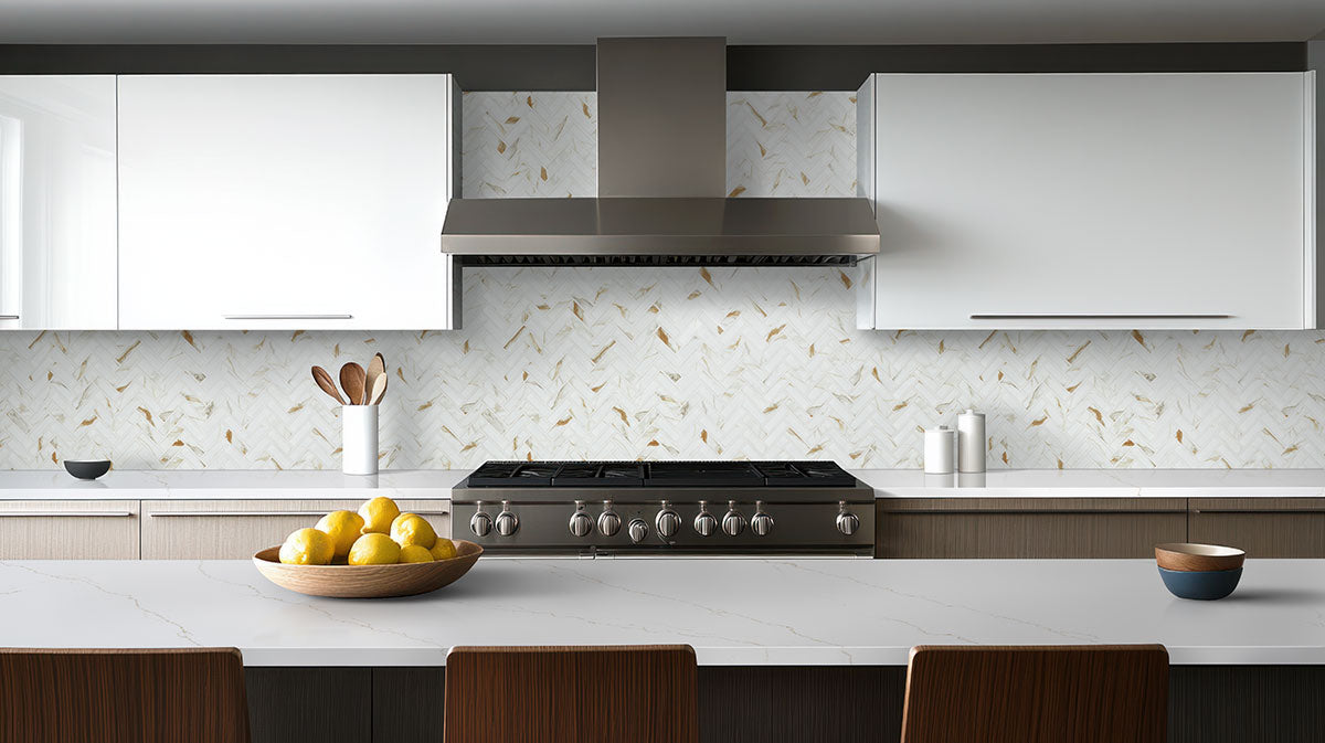 MSI Calacatta Gold Matte 1x3 Herringbone — surface detail in gold tonality