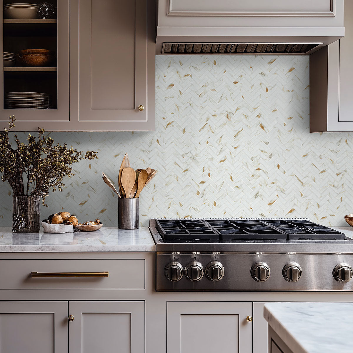 MSI Calacatta Gold Matte 1x3 Herringbone — surface detail in gold tonality
