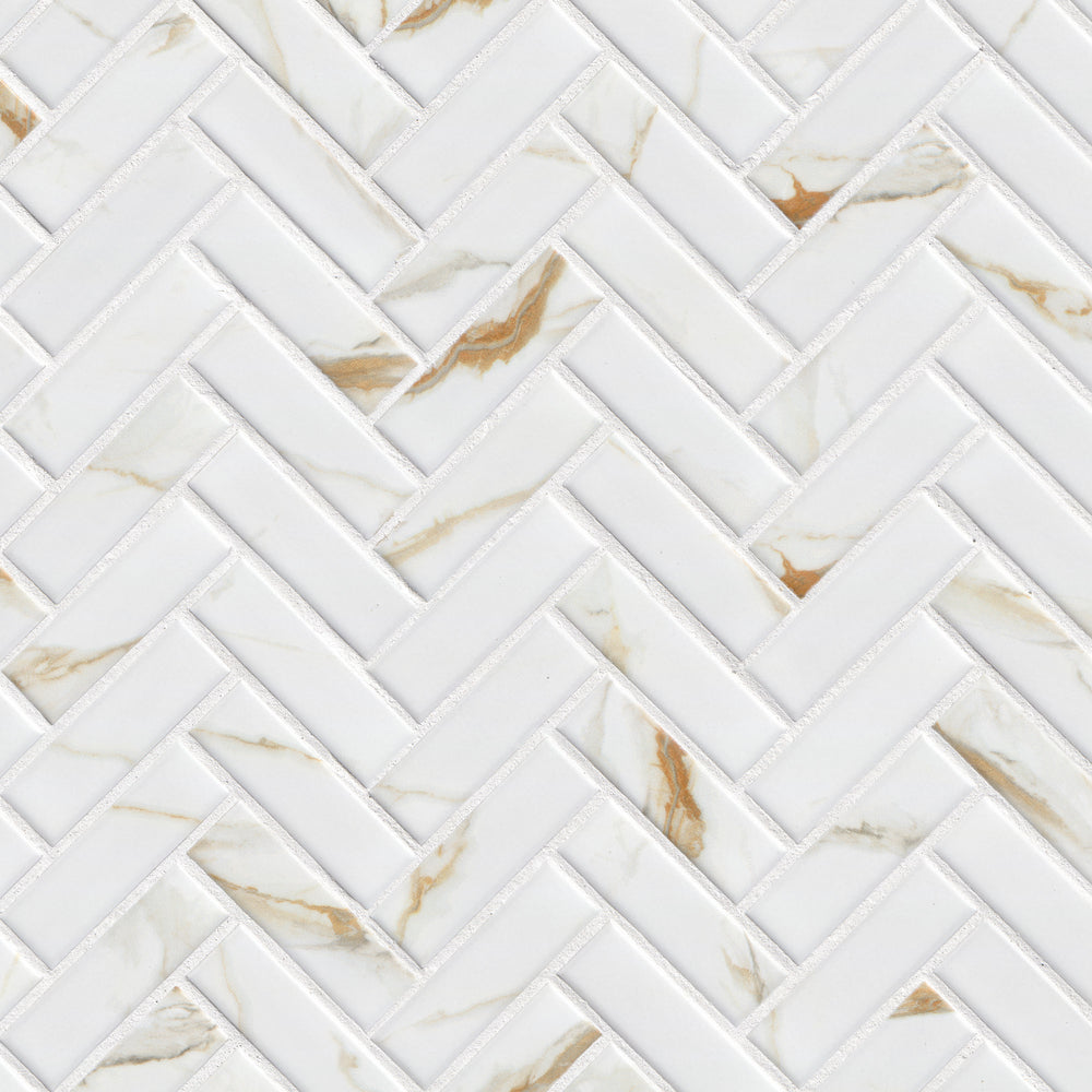 MSI Calacatta Gold Matte 1x3 Herringbone — Porcelain Wall Tile in gold tonality