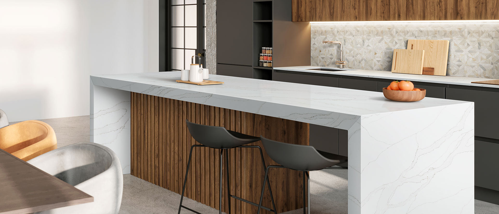 MSI Calacatta Izaro, surface detail in natural tonality engineered slab for kitchen and feature install, fifth view