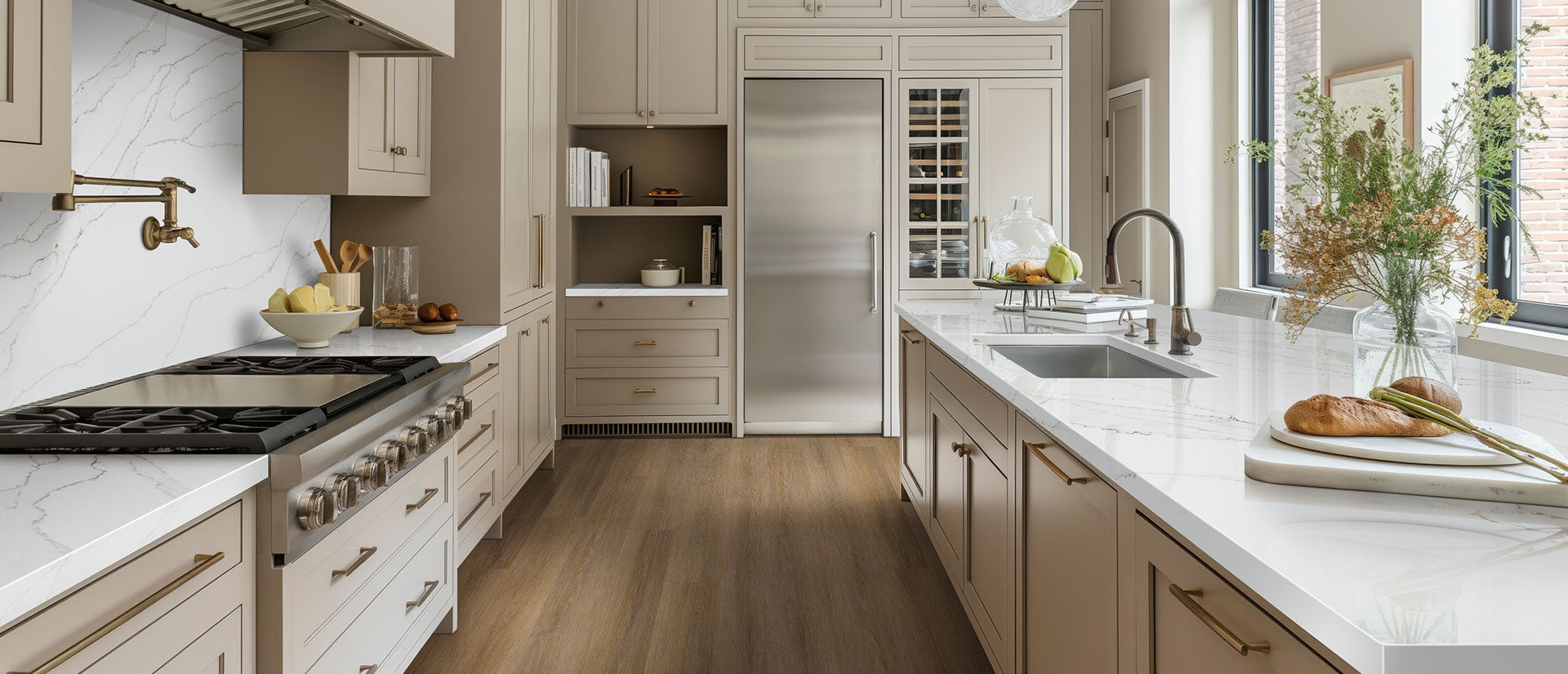 MSI Calacatta Izaro, surface detail in natural tonality engineered slab for kitchen and feature install, third view