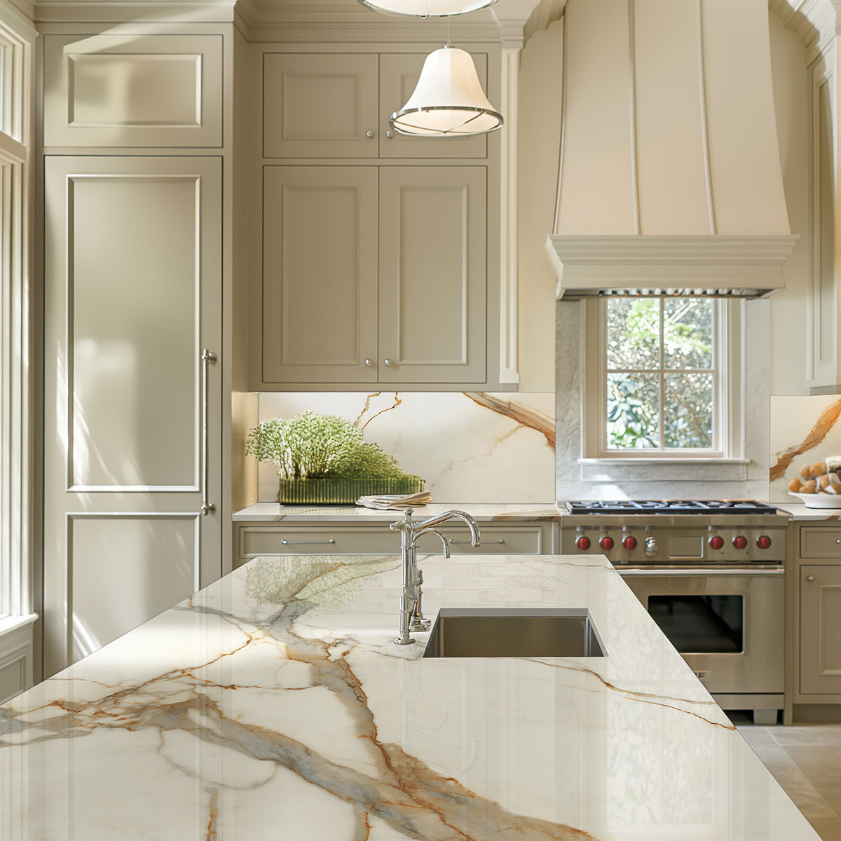 MSI Calacatta Marbella — surface detail in natural tonality large-format glazed slab for vertical statement