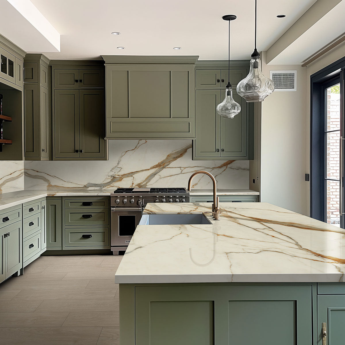 MSI Calacatta Marbella — surface detail in natural tonality large-format glazed slab for vertical statement