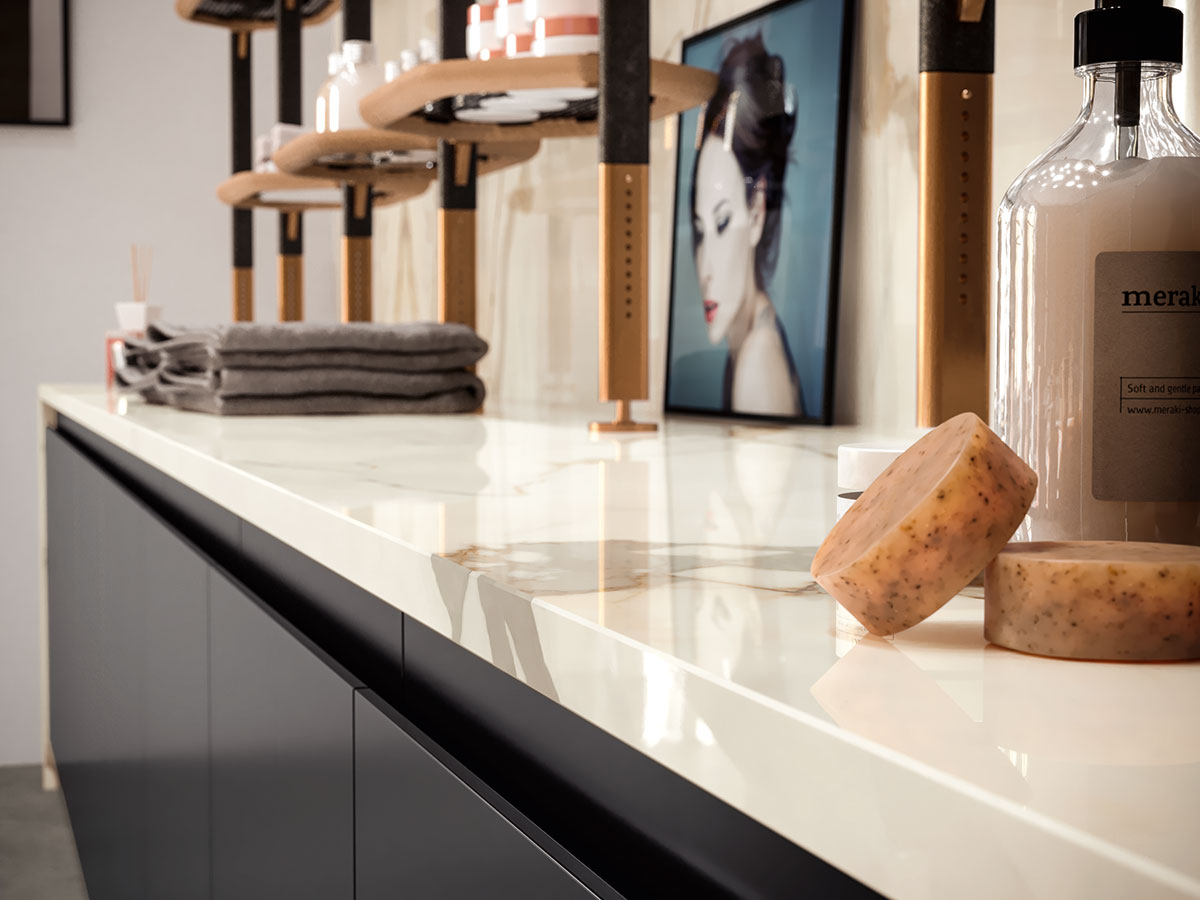 MSI Calacatta Marbella — surface detail in natural tonality large-format glazed slab for vertical statement