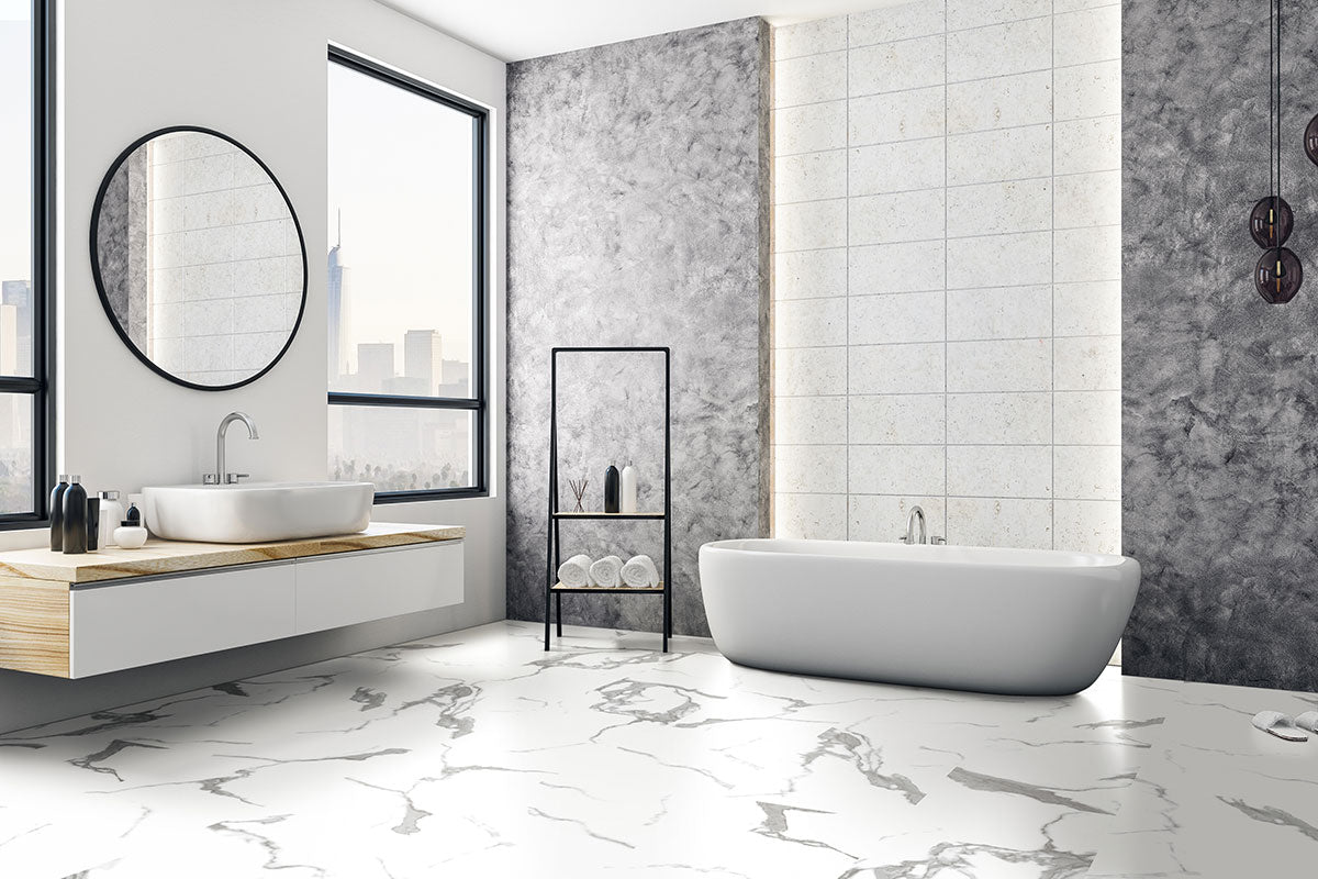 MSI XL Trecento Calacatta Marbello Luxury Vinyl Tile Flooring shown installed in a finished room