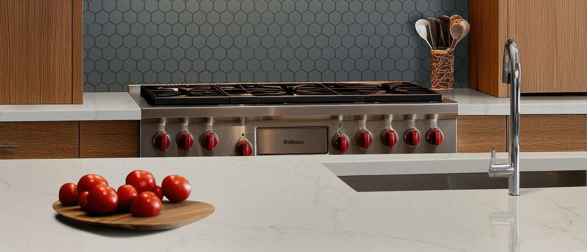 MSI Calacatta Monaco, surface detail in natural tonality engineered slab for kitchen and feature install, in a kitchen