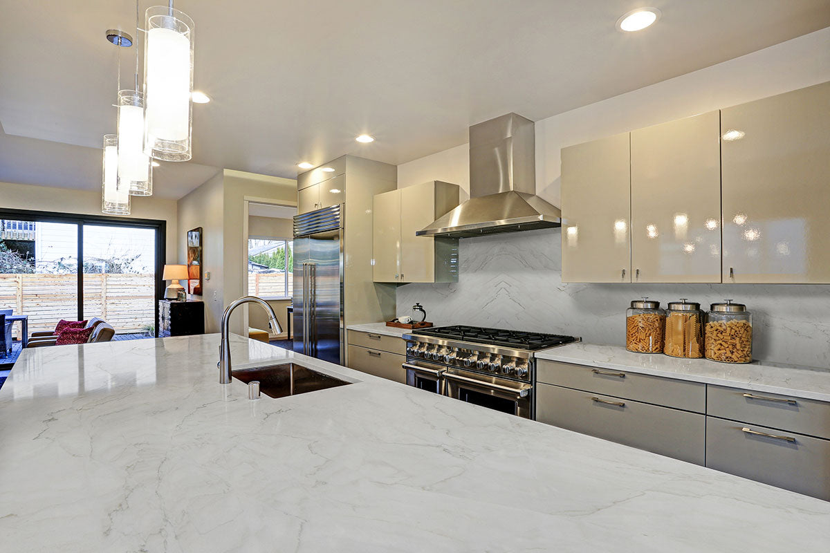 MSI Calacatta Montreal — surface detail in natural tonality metamorphic crystalline slab for kitchen install