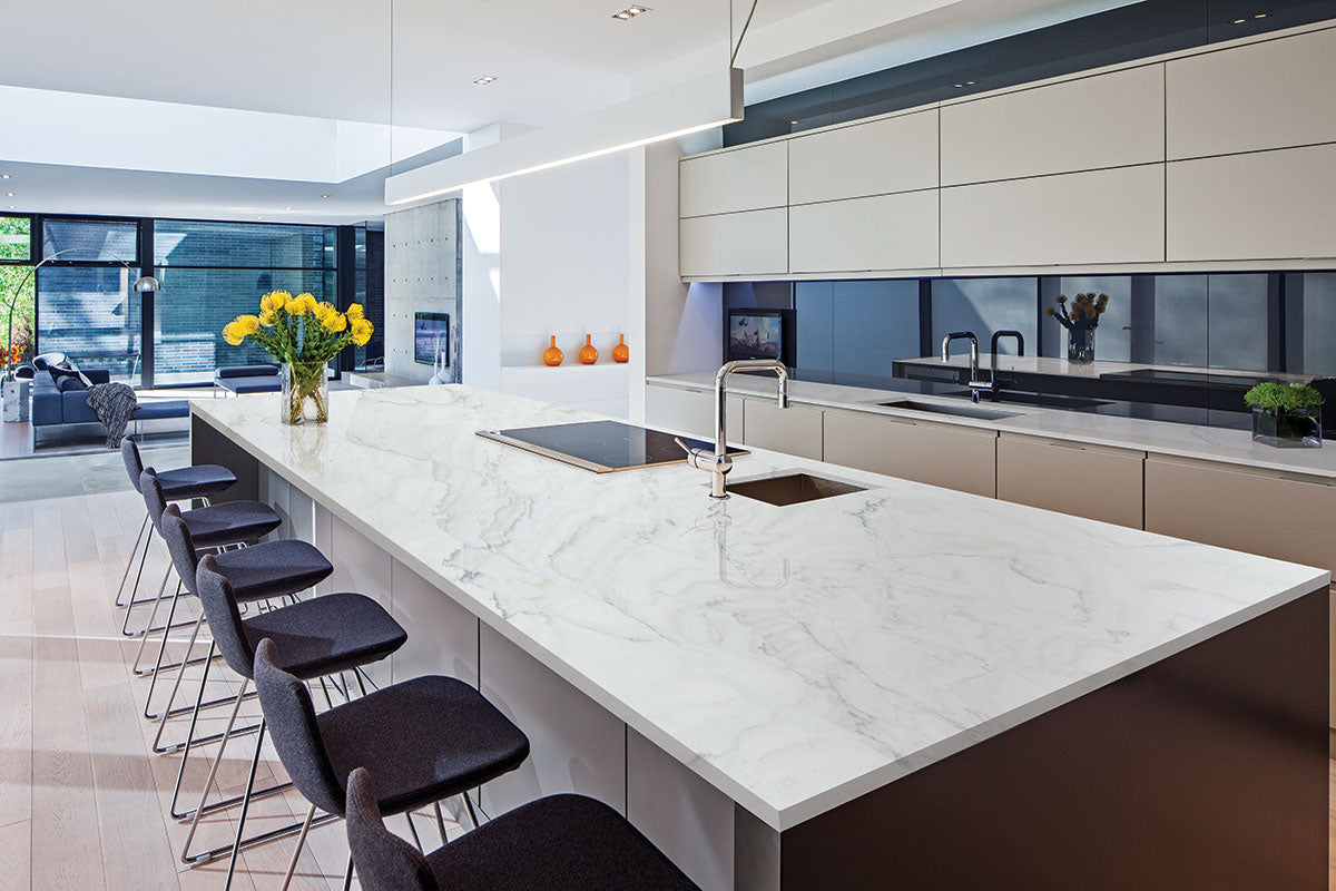 MSI Calacatta Montreal — surface detail in natural tonality metamorphic crystalline slab for kitchen install
