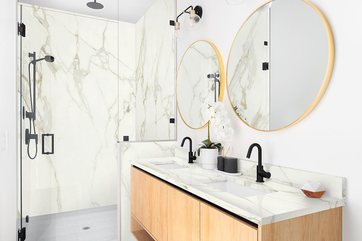 MSI Calacatta Prici — surface detail in natural tonality large-format glazed slab for vertical statement