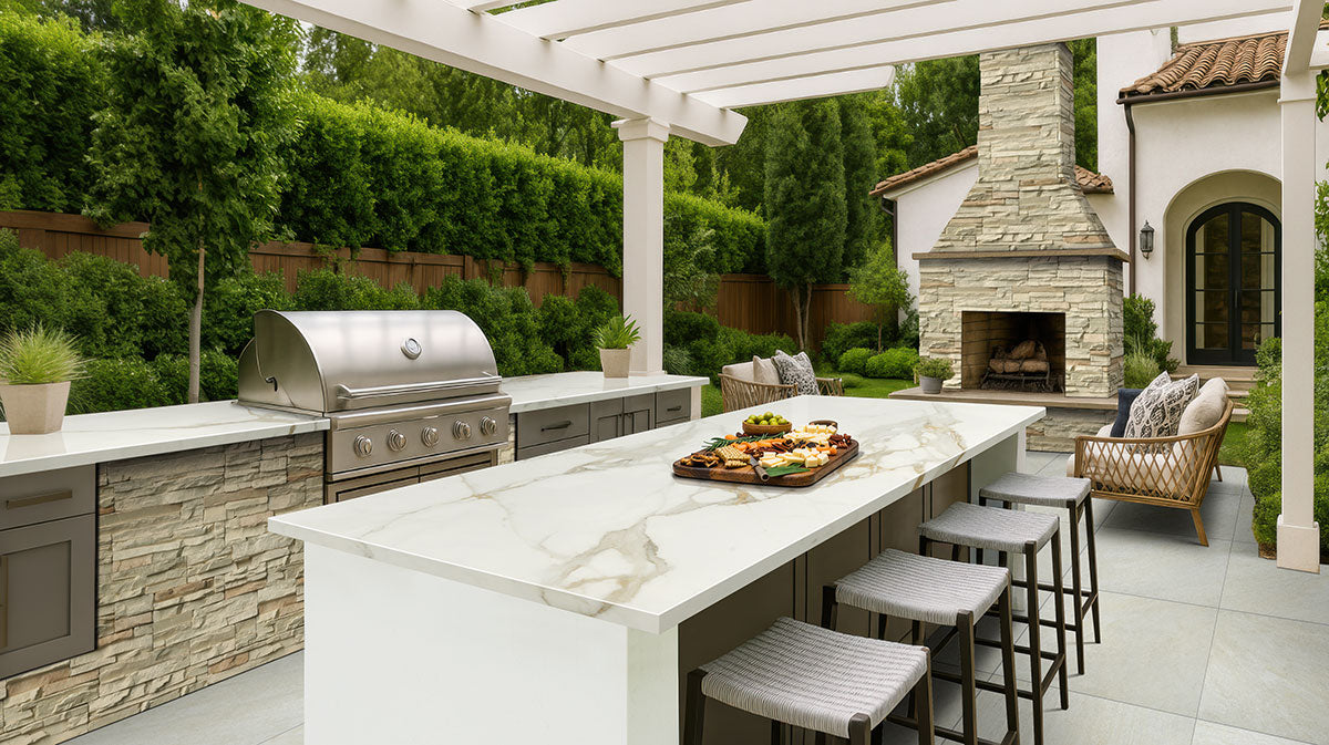 MSI Calacatta Prici — surface detail in natural tonality large-format glazed slab for vertical statement