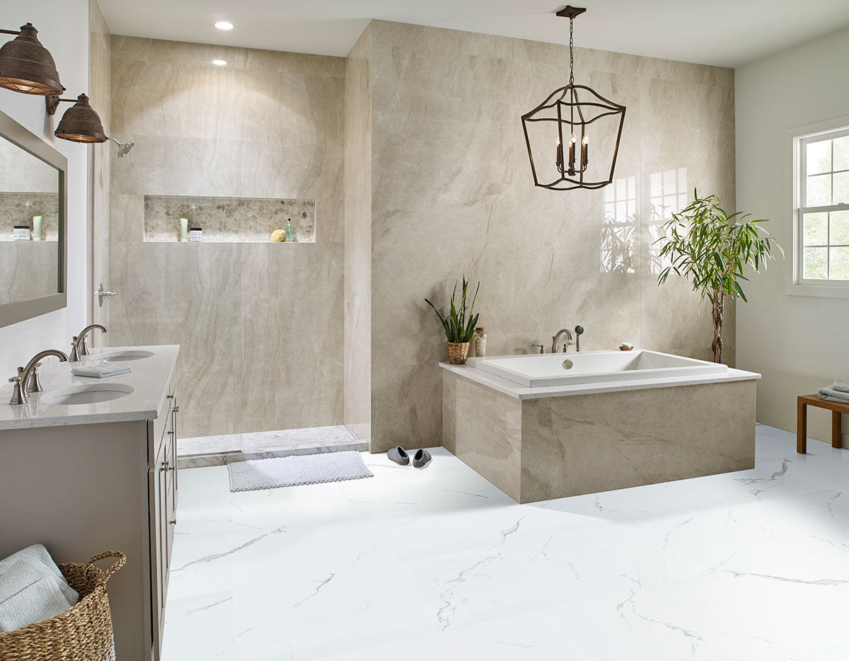 MSI XL Trecento Calacatta Serra Luxury Vinyl Tile Flooring — surface detail in natural tonality