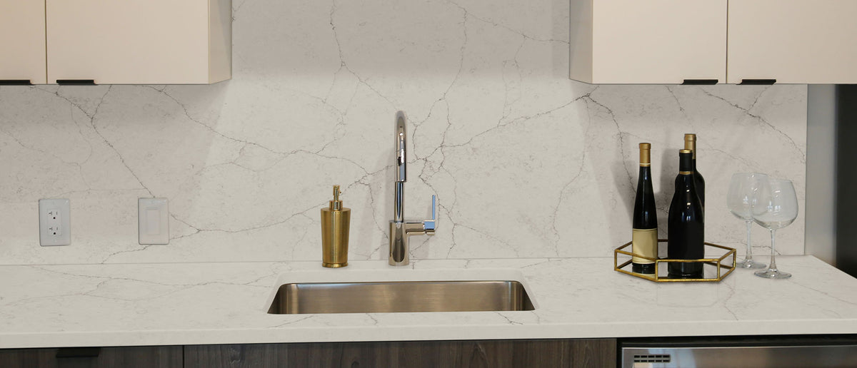 MSI Calacatta Valentin - Quartz Slab shown installed in a finished room