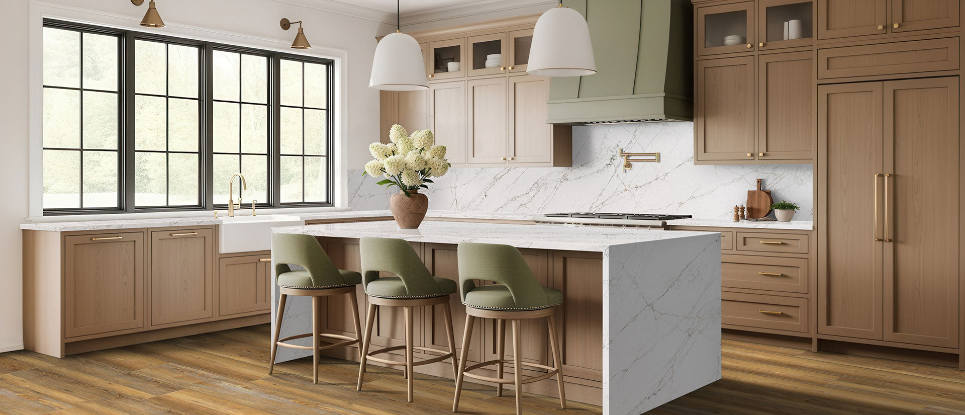 MSI Calacatta Viraldi quartz countertop room scene, in a kitchen