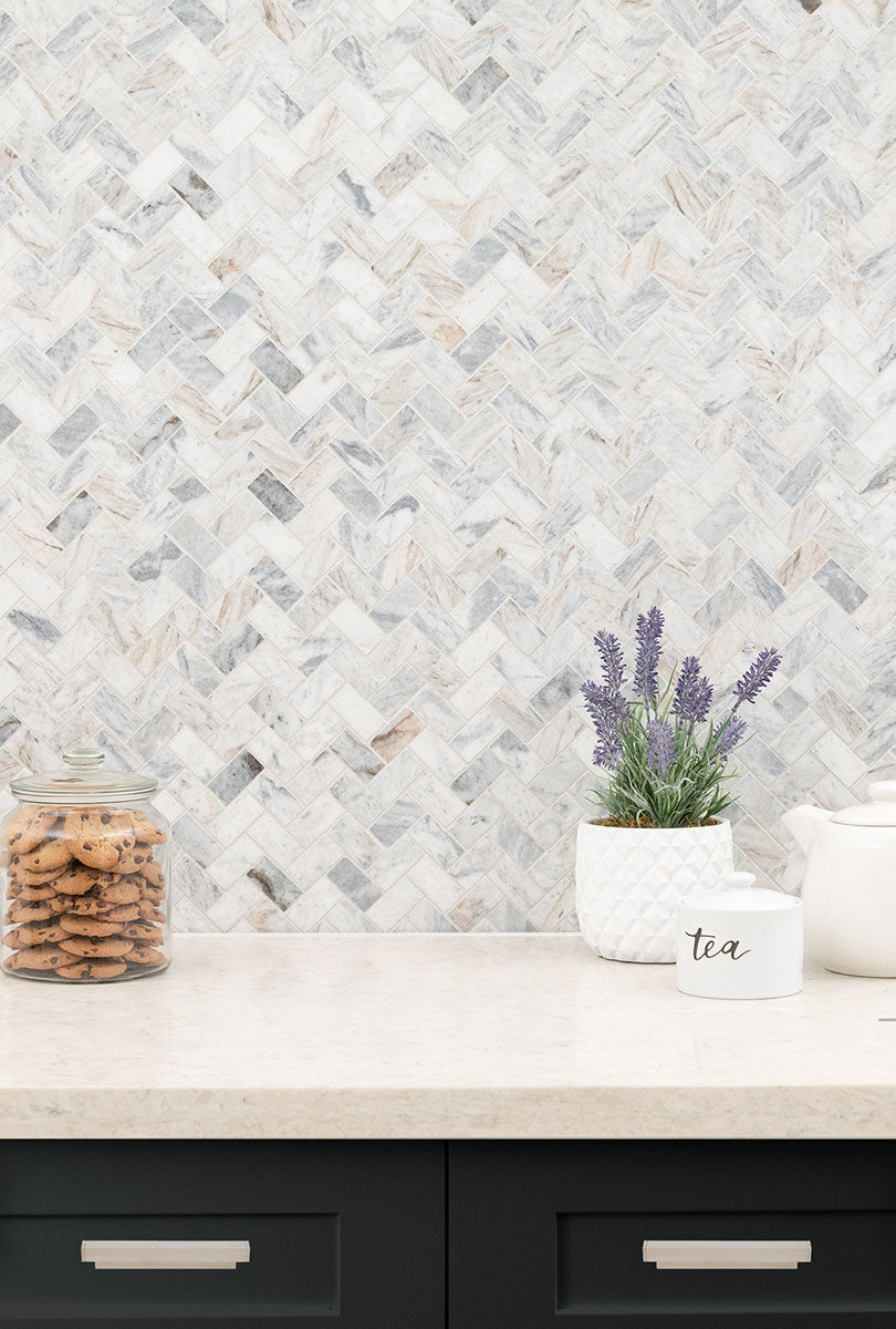 MSI Capri Blue 1x2 Herringbone Honed — surface detail in blue tonality