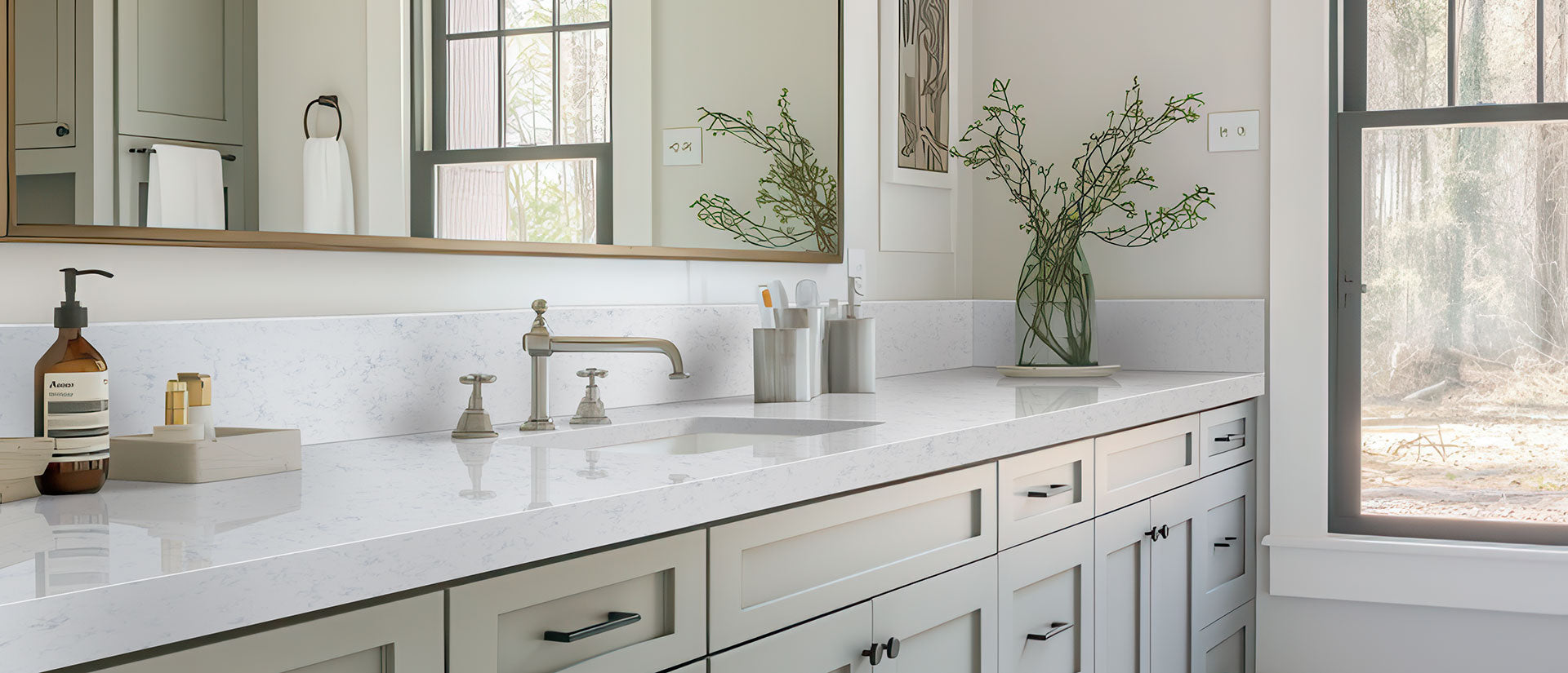 MSI Carrara Lumos — surface detail in natural tonality engineered slab for kitchen and feature install