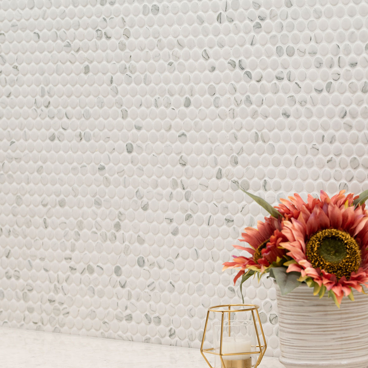 MSI Domino Carrara Matte Penny Round Mosaic — surface detail in natural tonality