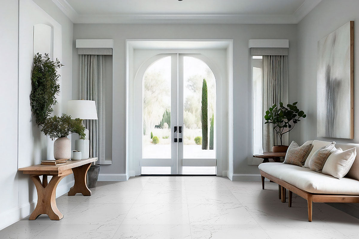 MSI Pietra Carrara — surface detail in natural tonality through-bodied porcelain for full-room install