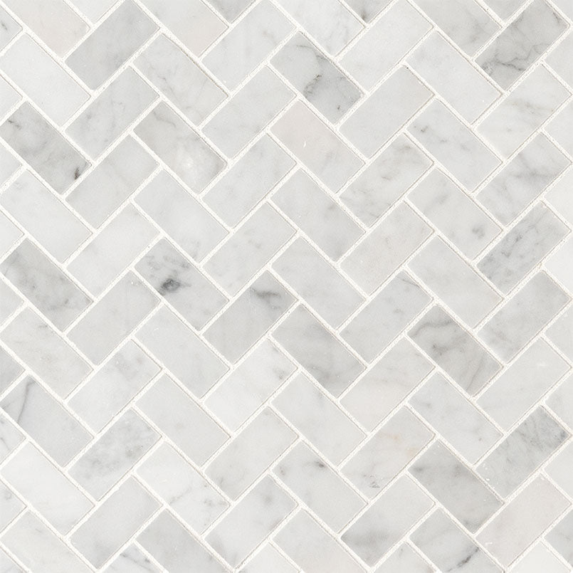 MSI Carrara White 1x2 Herringbone Tile — Natural Stone Mosaic in white tonality