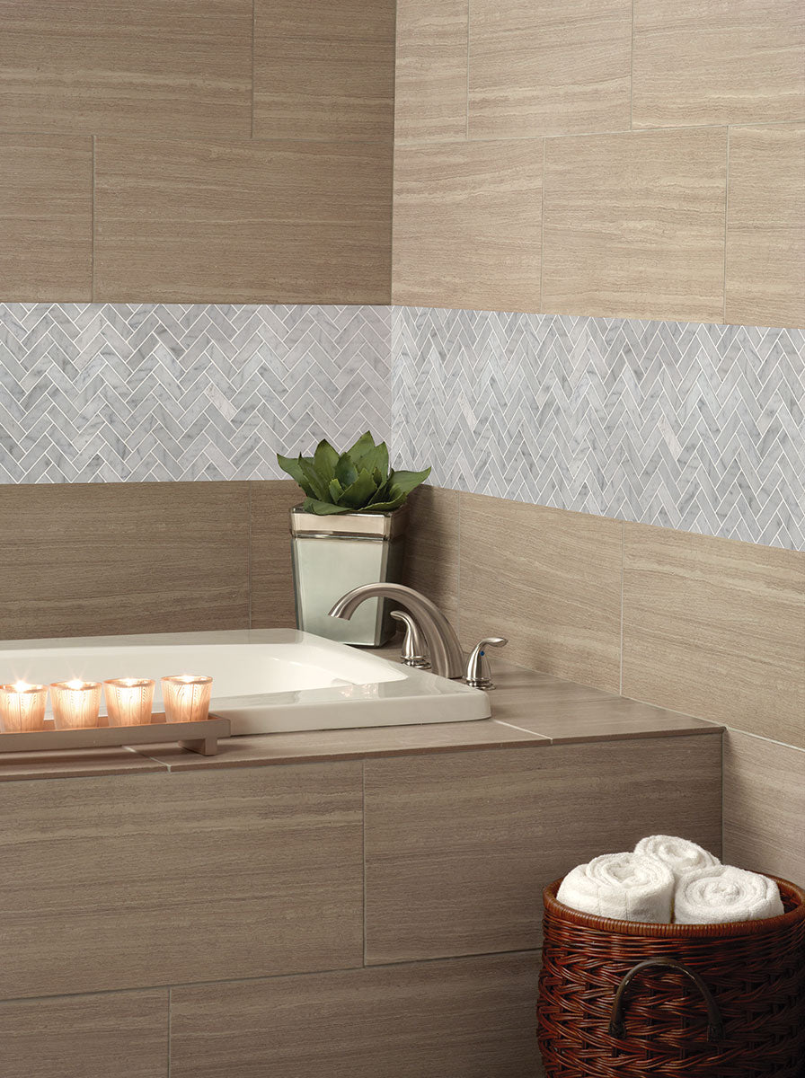 MSI Carrara White 1x3 Herringbone Polished — surface detail in white tonality