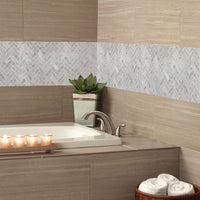 MSI Carrara White 1x3 Herringbone Polished — surface detail in white tonality