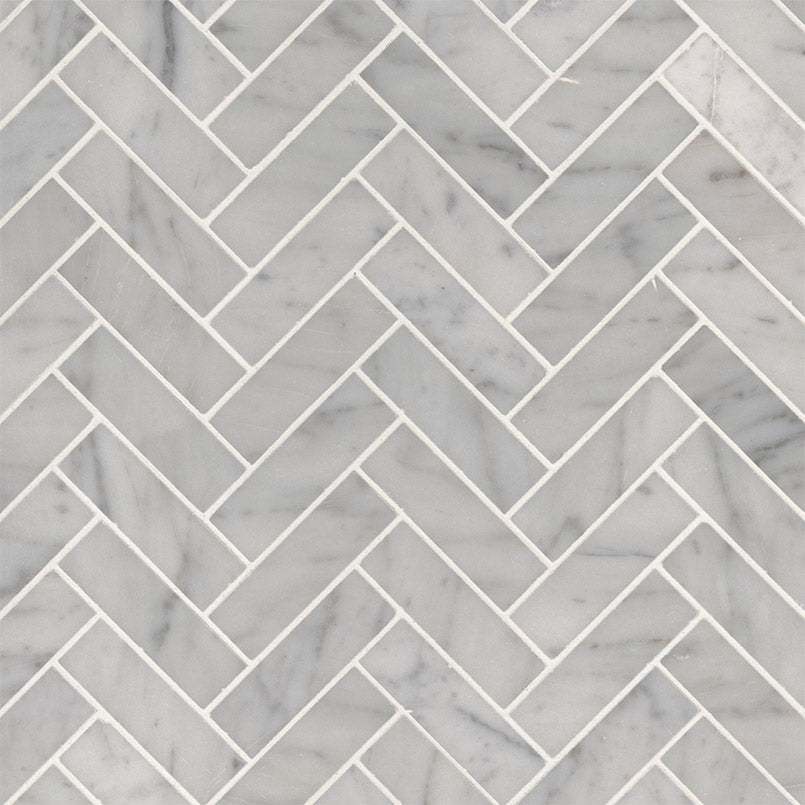 MSI Carrara White 1x3 Herringbone Polished — Natural Stone Mosaic in white tonality