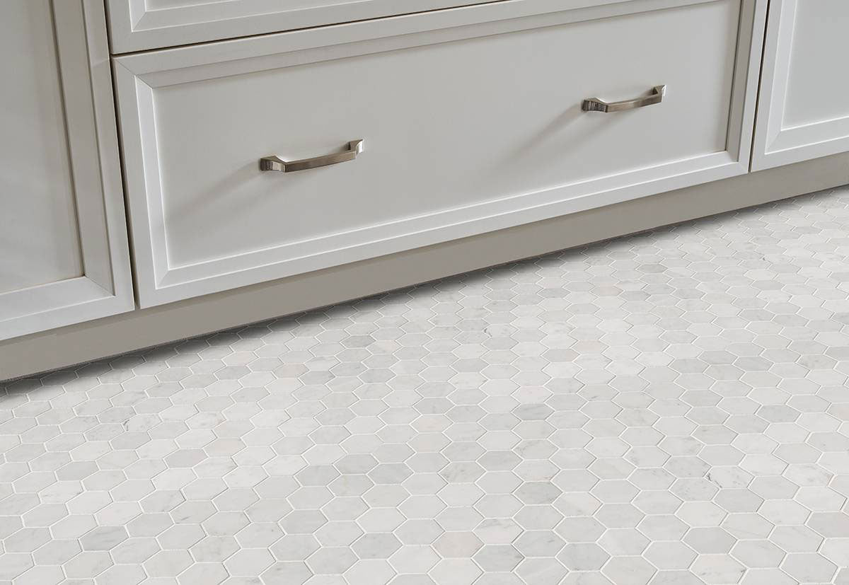 MSI Carrara White Polished 2" Hexagon Mosaic Tile — surface detail in white tonality